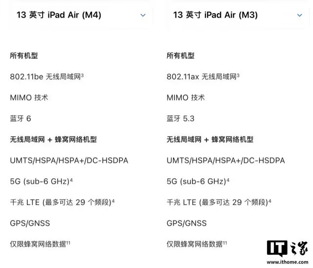 M4 与 M3 款 iPad Air 网络规格对比