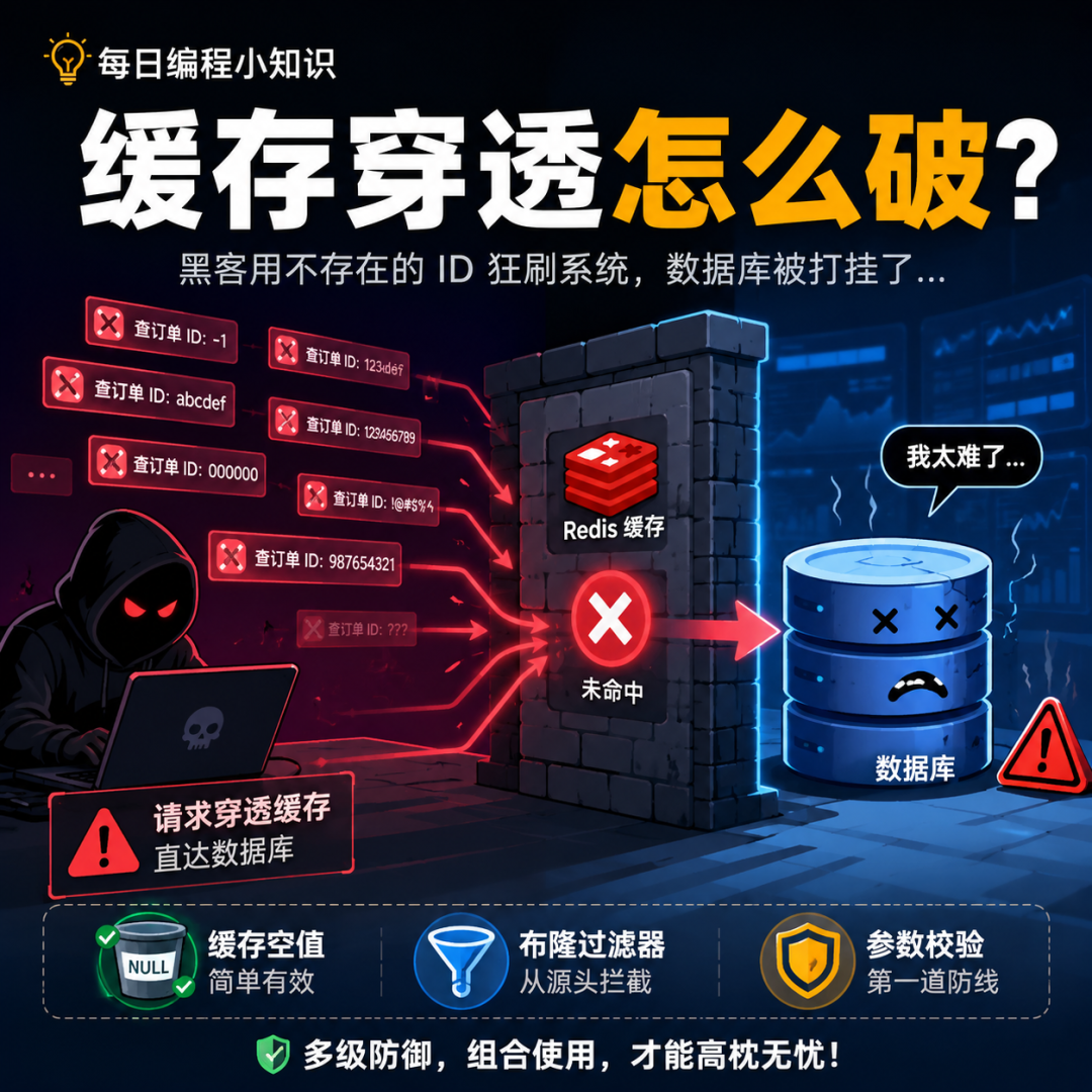 缓存穿透安全科普插画:黑客用不存在的ID攻击系统,导致Redis未命中,请求穿透直达崩溃的数据库