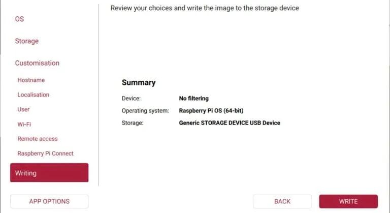 Raspberry Pi Imager 写入前确认界面