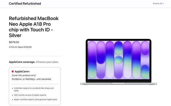 MacBook Neo官翻版产品详情及AppleCare+介绍