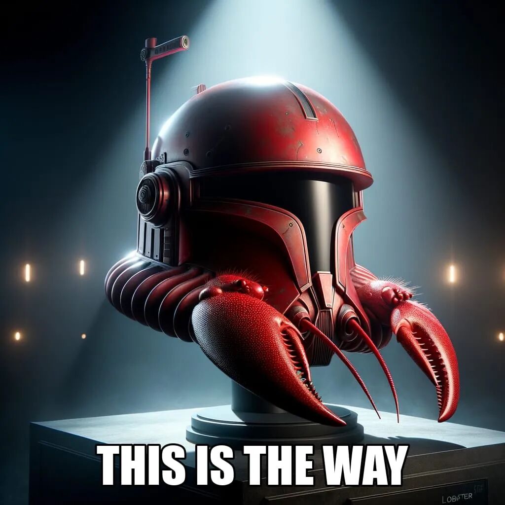 带有龙虾钳子的科幻头盔,标语“THIS IS THE WAY”