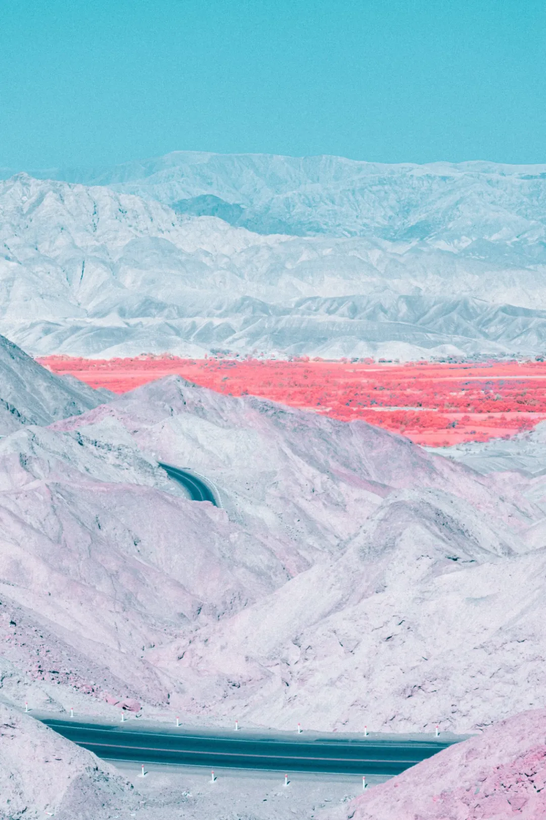 红外摄影山地景观：冷色调山脉与粉红色植被的梦幻组合