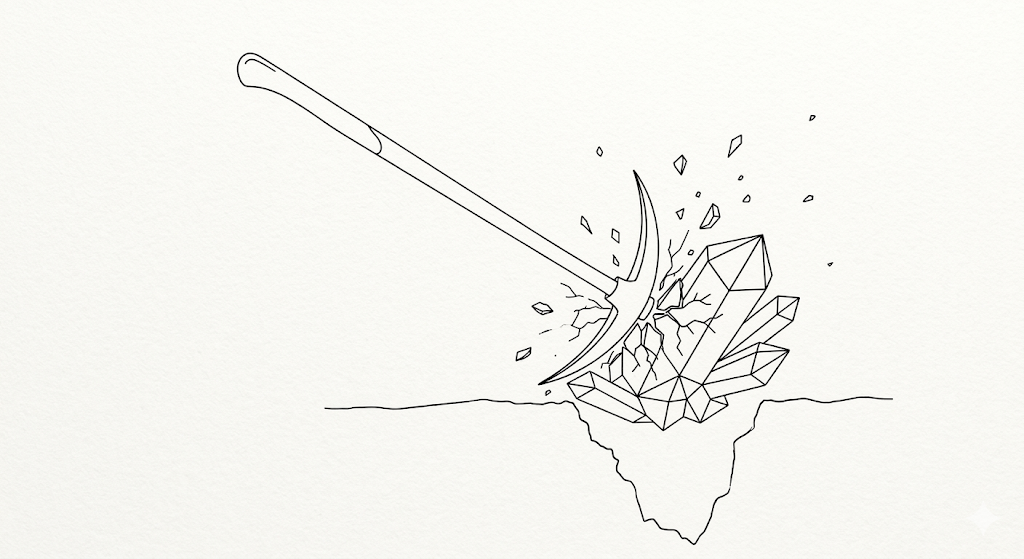 镐头敲击水晶，象征提取关系