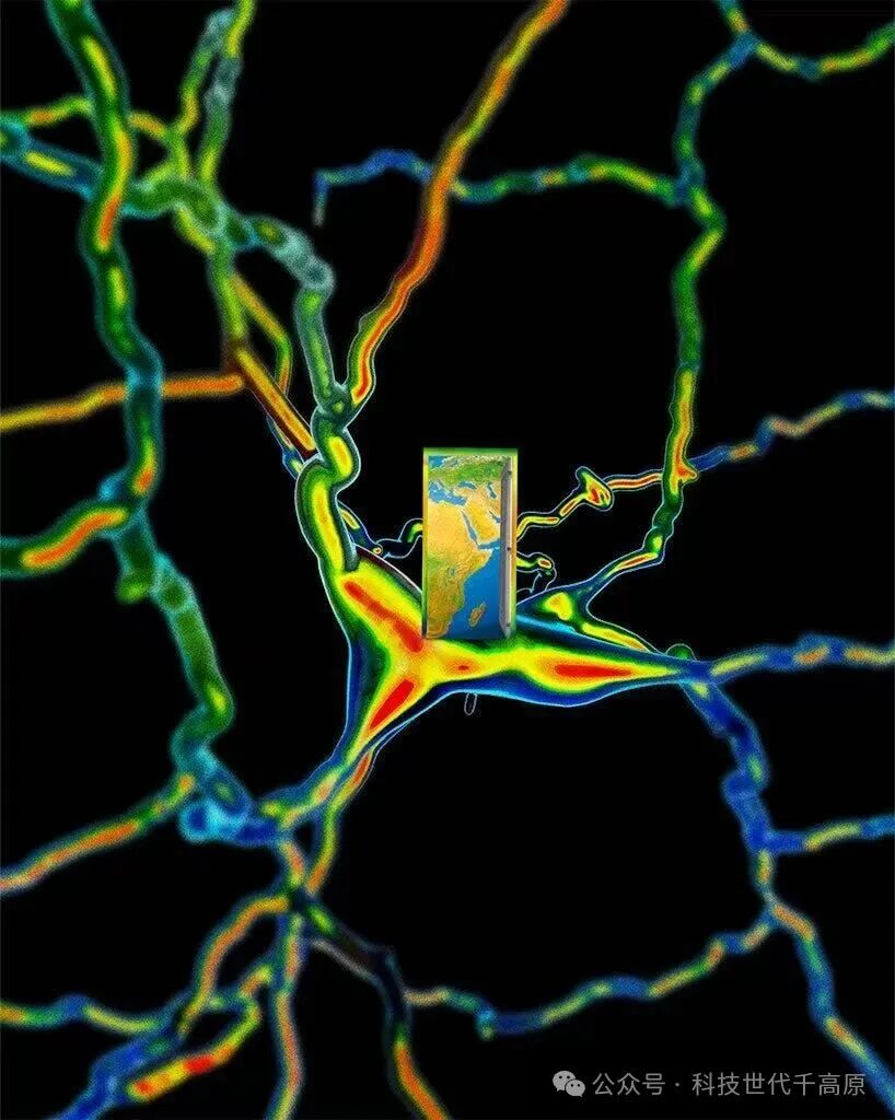 神经元结构热力图与地球地图叠加示意图