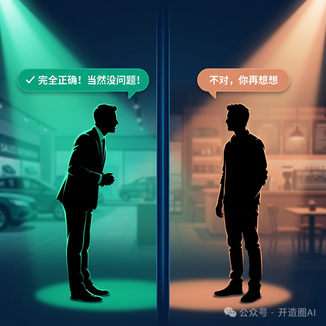 对比图：左侧代表“完全正确！当然没问题！”的迎合态度，右侧代表“不对，你再想想”的审慎态度