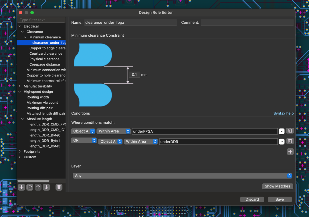 KiCad 设计规则编辑器界面