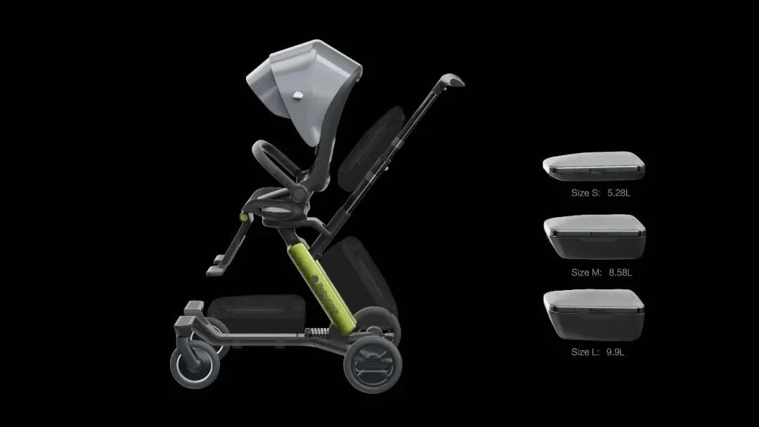 婴儿推车与不同尺寸储物箱展示