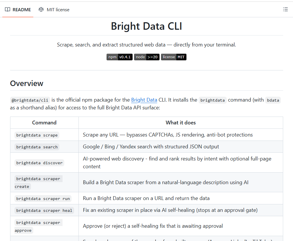 Bright Data CLI GitHub 仓库 README 截图