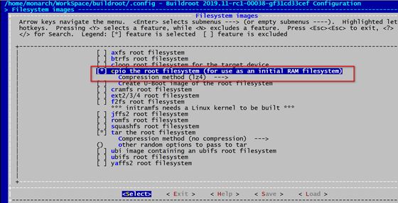 Buildroot Filesystem Images 配置界面,启用 cpio 与 lz4 压缩