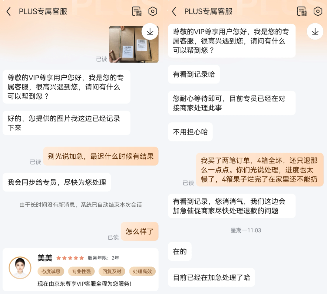 反复催促客服处理进度的对话截图