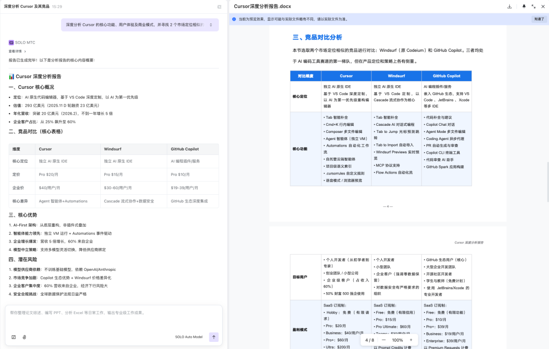 竞品分析报告中的详细对比表格