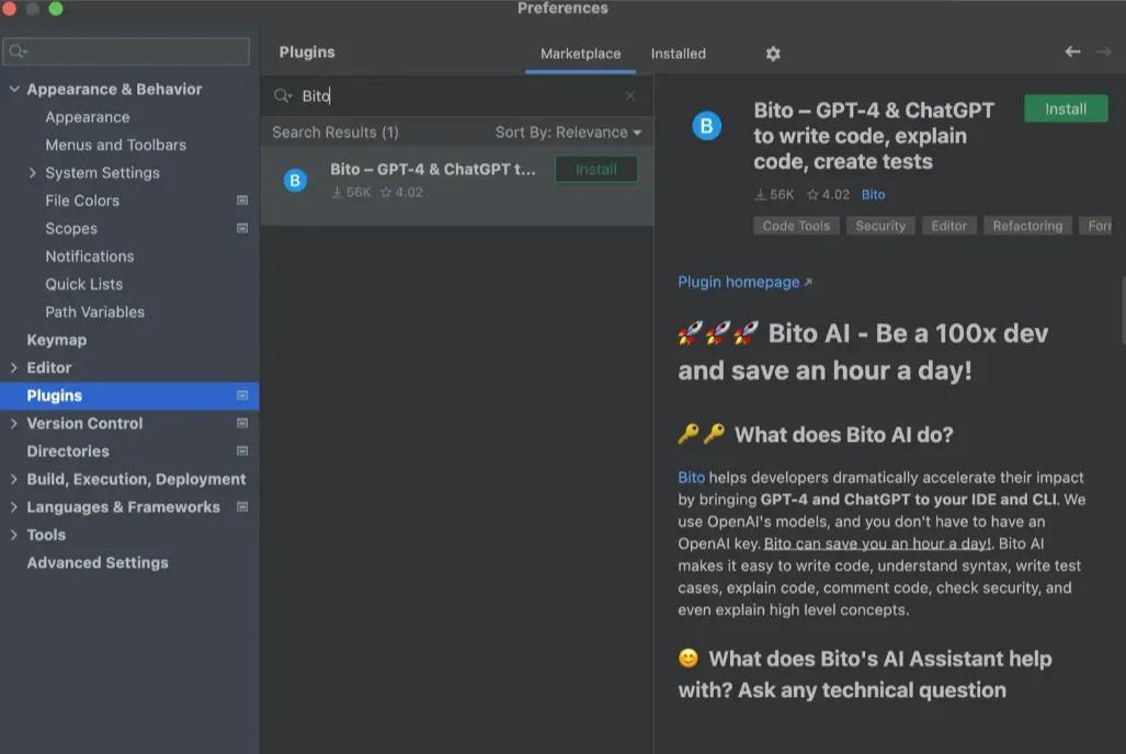 IntelliJ IDEA 插件市场中的 Bito 插件页面