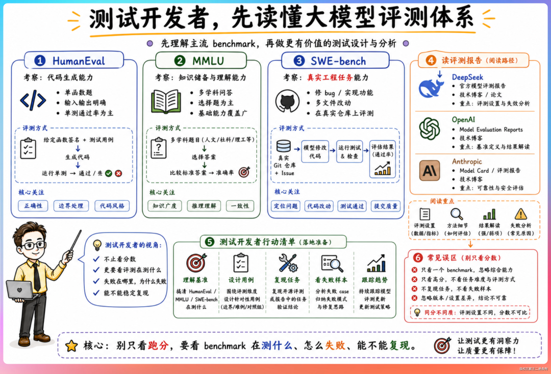 一张关于测试开发者评估大模型能力的宣传图，介绍了HumanEval、MMLU、SWE-bench等主流评测基准，并给出测试开发者的行动清单和常见误区