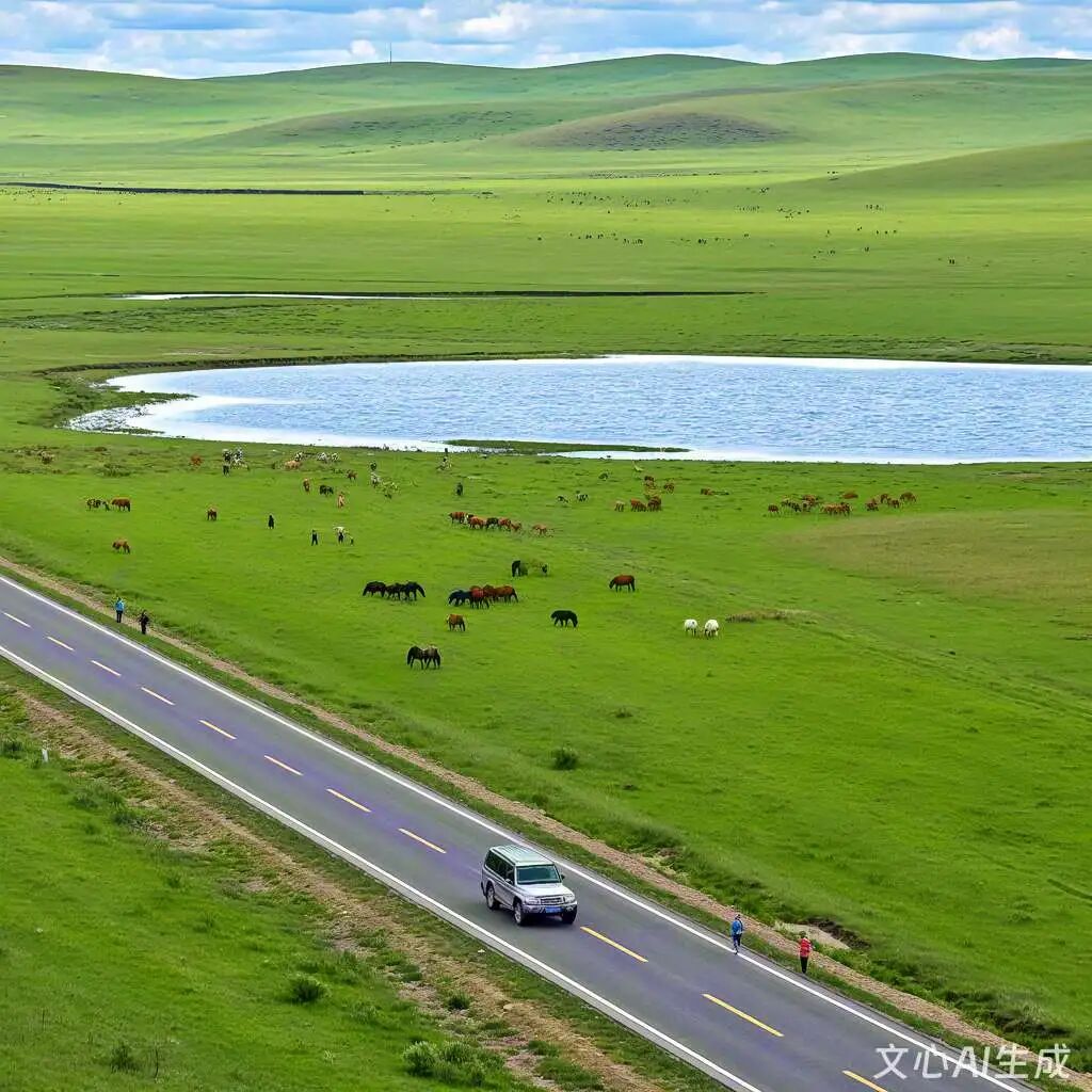 文心一言生成的绿色草原与湖泊，公路贯穿其中