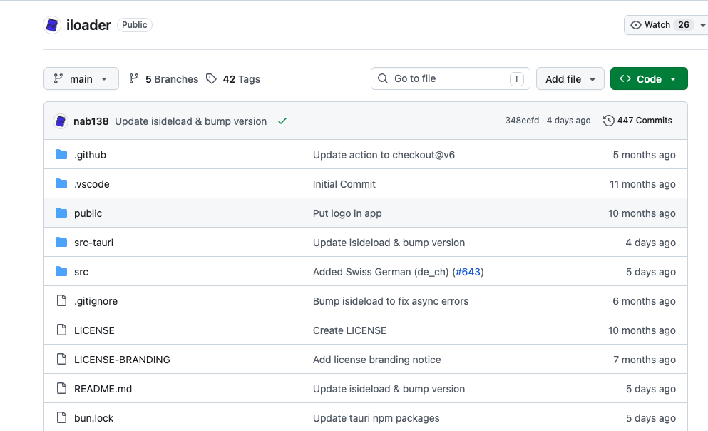 iLoader GitHub 仓库文件列表与提交记录