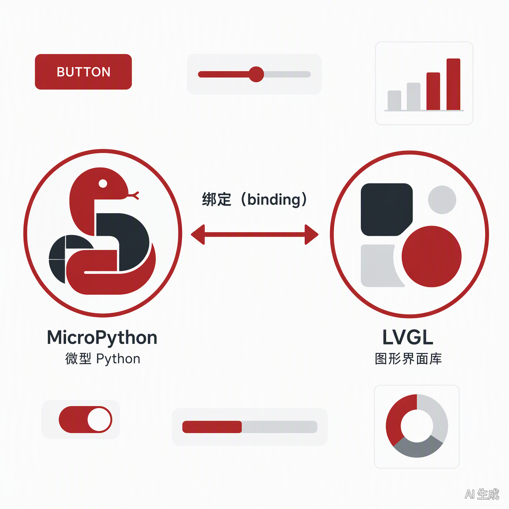 MicroPython 与 LVGL 的绑定关系示意:蟒蛇 Logo 与 LVGL 徽标通过双向箭头连接