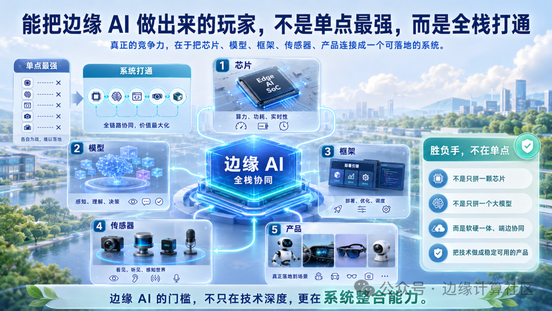 边缘AI全栈协同能力宣传图,强调芯片、模型、框架的系统整合