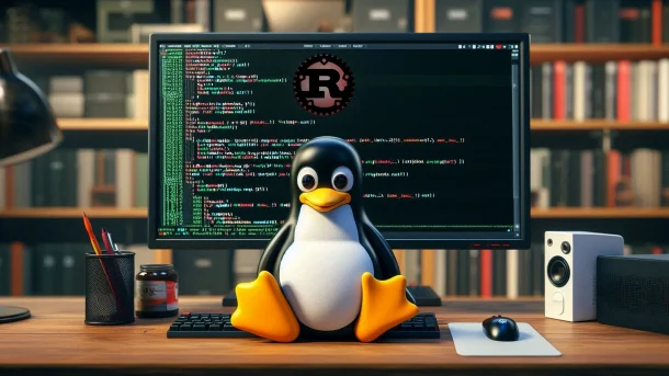 Linux 内核吉祥物 Tux 在办公桌前，屏幕上显示着 Rust 标志的代码