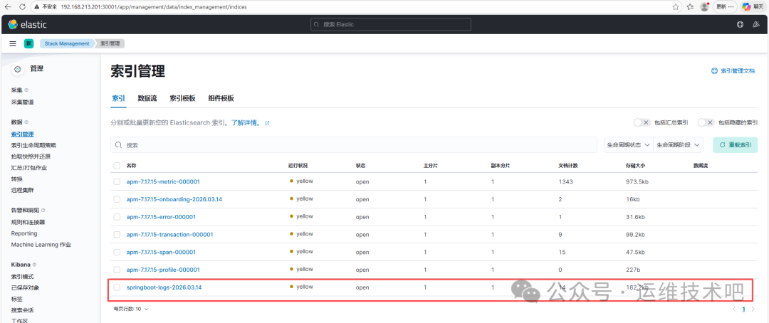 Kibana 索引管理界面，突出显示 springboot-logs-2026-03.14 索引
