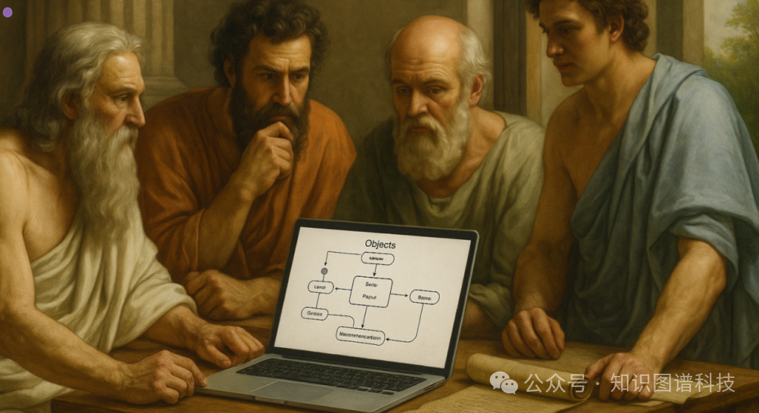 古典哲学与现代科技融合：哲学家凝视笔记本电脑上的本体流程图