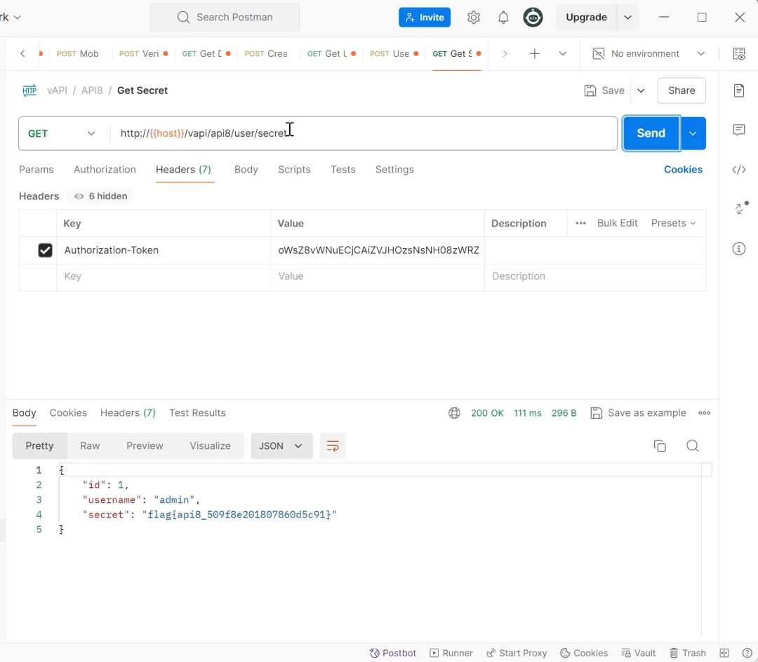 使用注入获得的key成功请求到秘密信息（含flag）