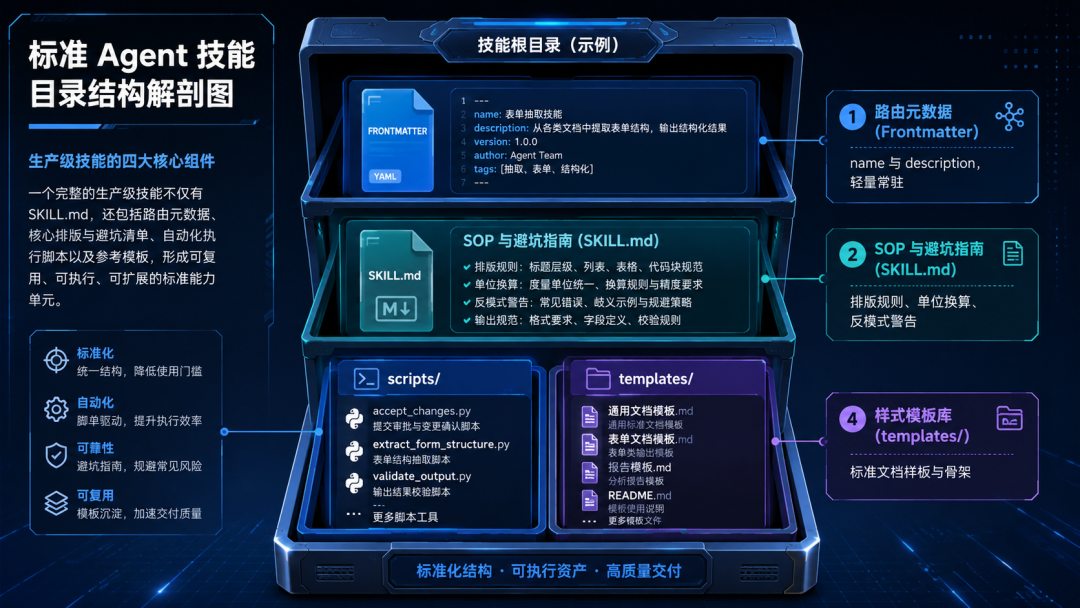 Anthropic 官方生产级技能目录结构解剖图：路由元数据 Frontmatter、SOP 与避坑指南 SKILL.md、样式模板库 templates/ 以及自动化脚本 scripts/ 四大核心组件