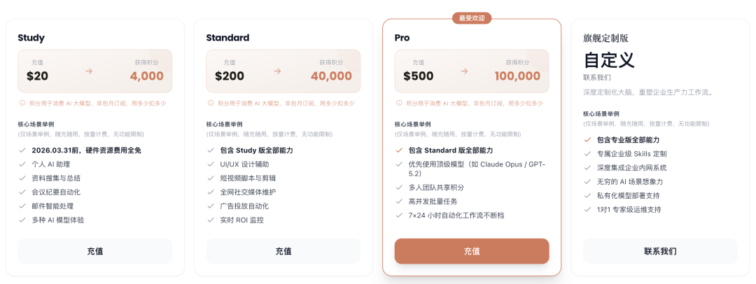 EasyClaw积分充值套餐页面