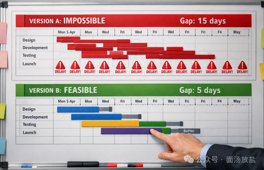 项目排期对比图：版本A（不可能）与版本B（可行）