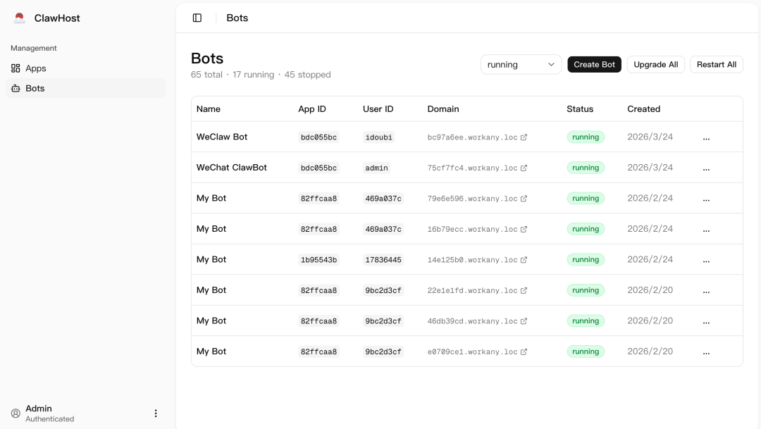 ClawHost平台Bots管理界面