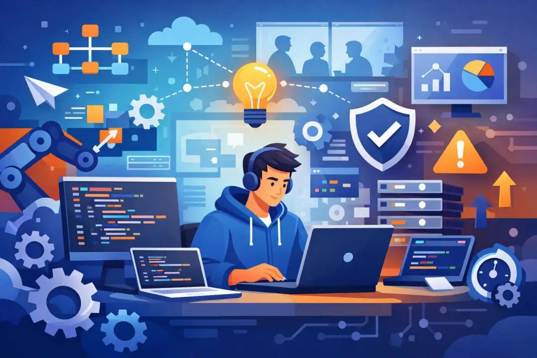 一位正在编程的开发者，背景充满象征代码、创新与安全的科技元素