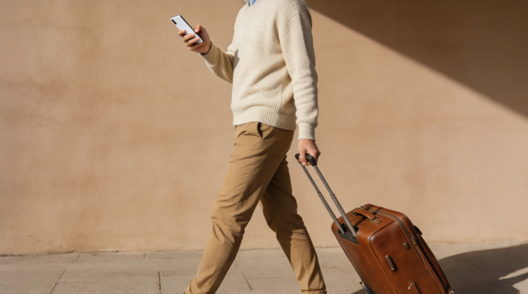 户外旅行者拉着行李箱的场景