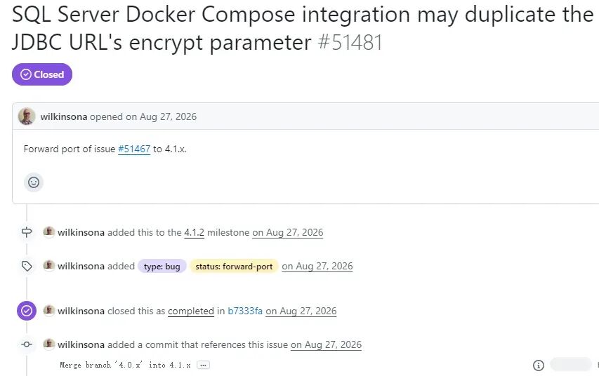 SQL Server Docker Compose 集成中 JDBC URL encrypt 参数重复问题 Issue 截图