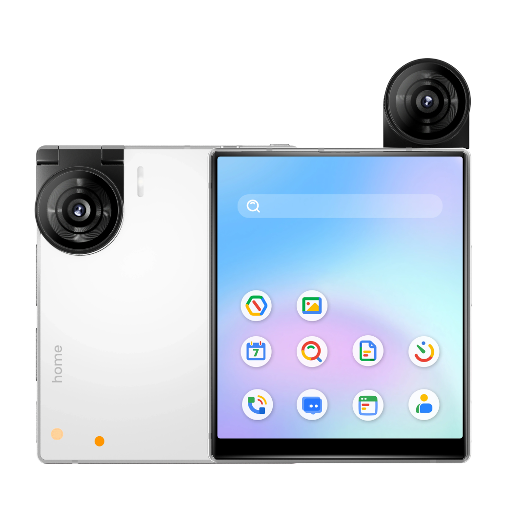 展示白色折叠屏手机的可旋转摄像头