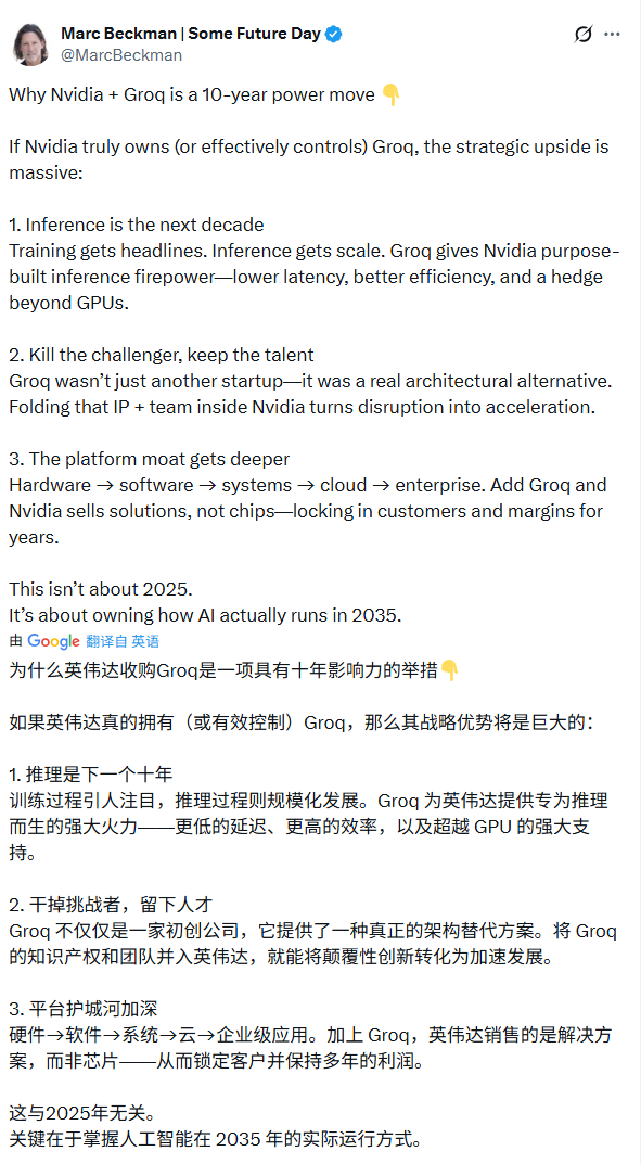 分析英伟达收购Groq战略意义的推文