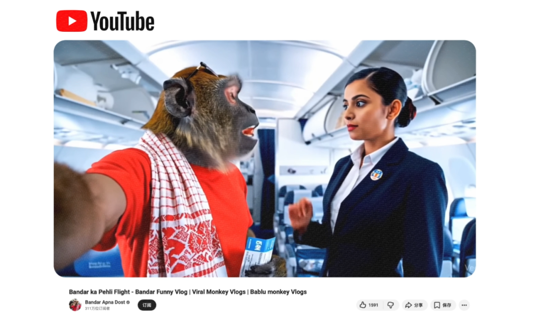 YouTube视频缩略图:拟人化猴子在飞机上自拍