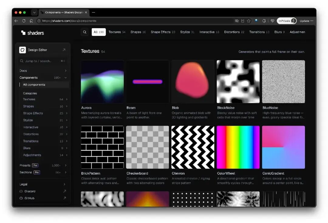 Shaders 组件文档页面,按 Textures、Shapes、Distortions 等分类展示 198 个特效组件缩略图