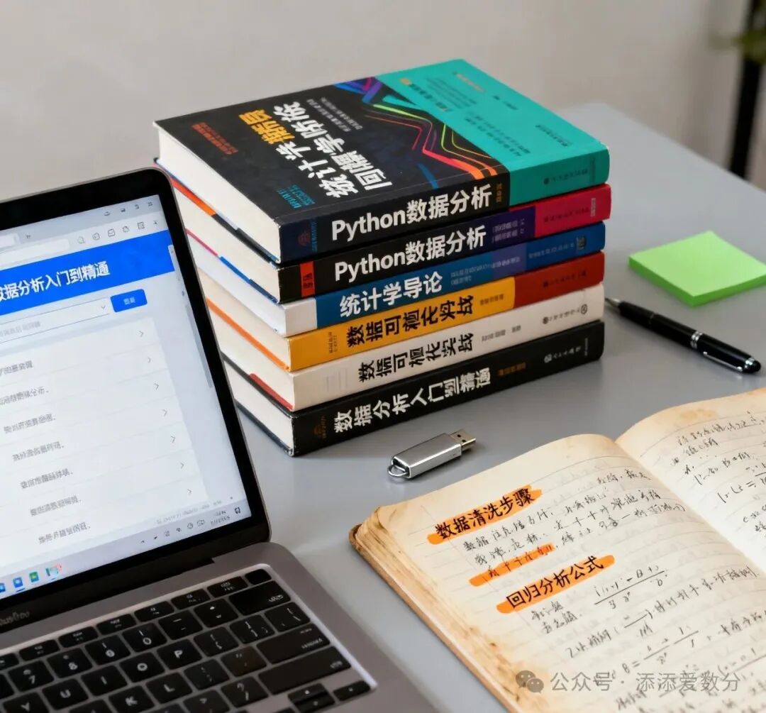 堆叠的数据分析书籍与带有学习笔记的笔记本电脑