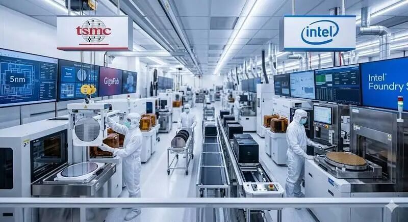 台积电与英特尔并立的晶圆厂概念图,展示5nm GigaFab产线