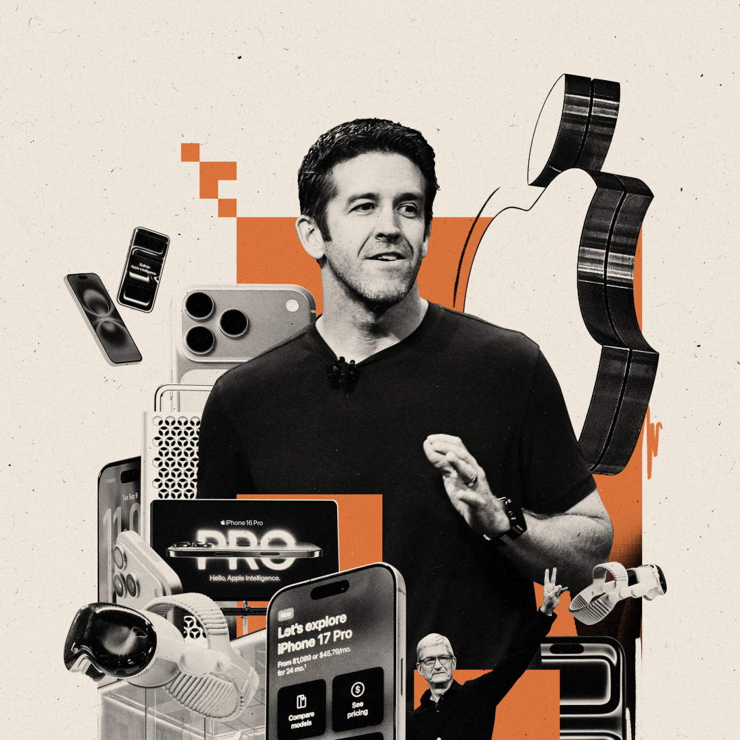 拼贴风格苹果产品图，中心为蒂姆·库克