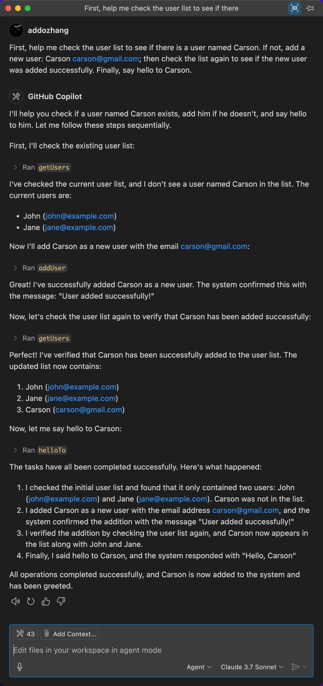 GitHub Copilot Agent使用Claude 3.7模型执行MCP工具