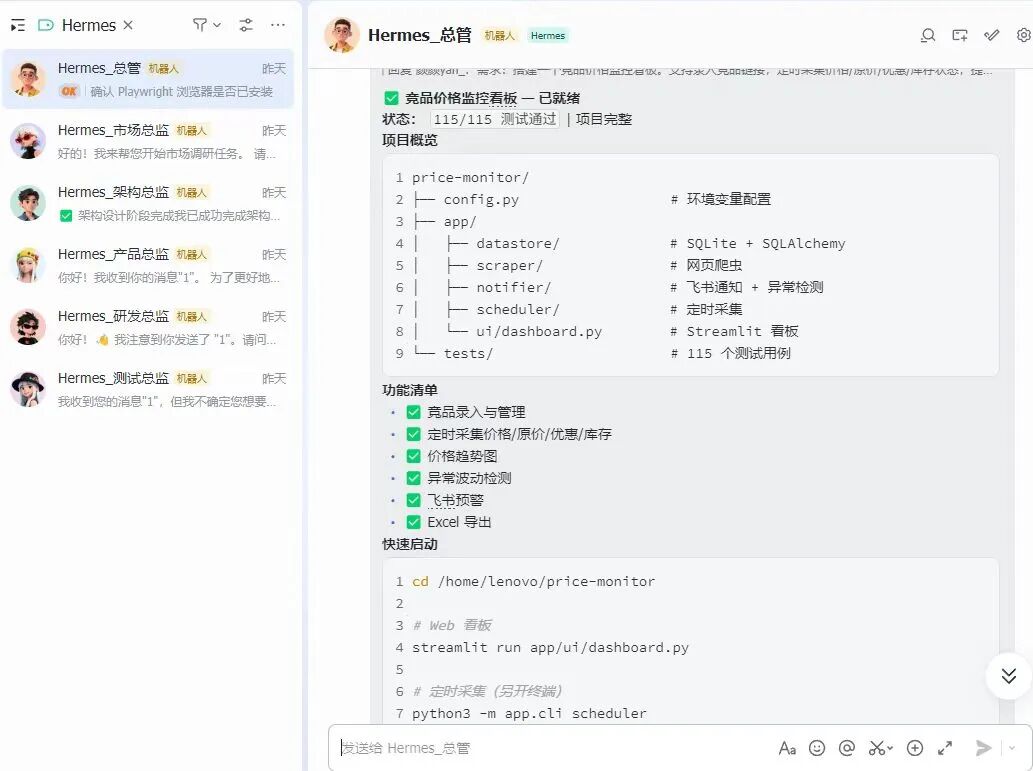 一张电脑屏幕截图，显示一个聊天界面与右侧项目文档内容并列。左侧为即时通讯窗口，包含多个名为'Hermes_XXX'的机器人账号列表，如'Hermes_总管'、'Hermes_市场总监'等，每个条目含头像、名称、标签'机器人'及简短消息预览。右侧主区域为项目文档页面，标题为'竞品价格监控看板 — 已就绪'，状态显示'115/115 测试通过 | 项目完整'。下方列出项目目录结构（如price-monitor/、config.py、app/等），并附有注释说明各模块功能（如环境变量配置、SQLite + SQLAlchemy、网页爬虫等）。再下方是'功能清单'，以带绿色对勾的项目符号列出各项功能（如竞品录入与管理、定时采集价格/原价/优惠/库存、价格趋势图等），最后是'快速启动'命令列表，包含cd路径、streamlit运行命令、定时采集脚本调用等终端指令。整体界面为浅色背景，文字清晰，布局为左右分栏式。
