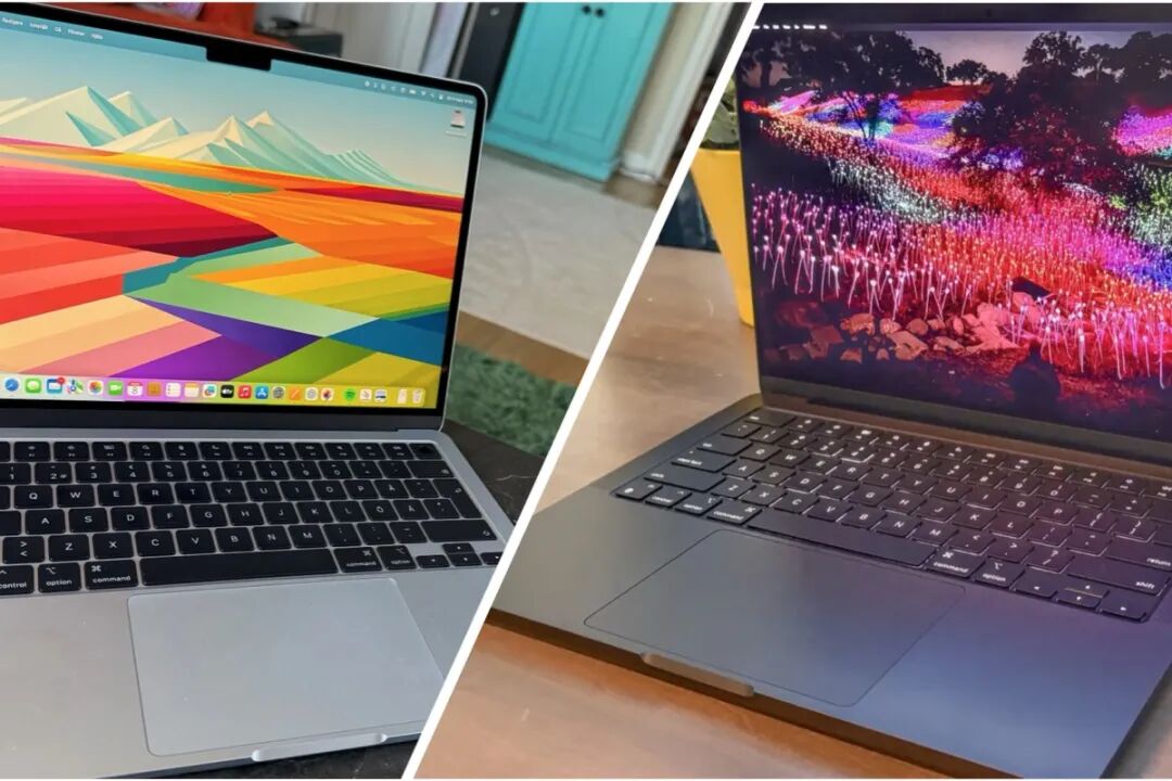 两台不同颜色的MacBook笔记本电脑对比展示