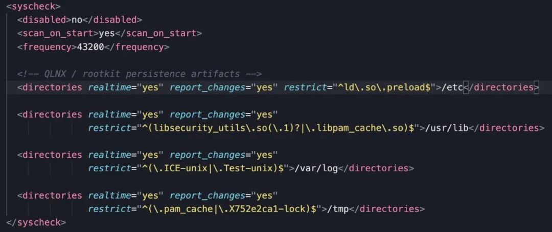 syscheck 配置文件中针对 QLNX Rootkit 持久化产物的监控规则