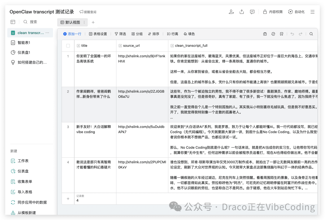 OpenClaw视频转录测试记录界面截图