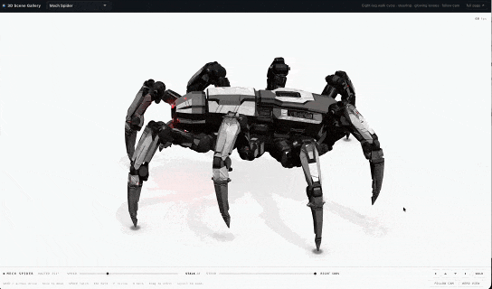 Tripo P2.0生成的机械蜘蛛模型360度旋转展示，支持部件级动画控制