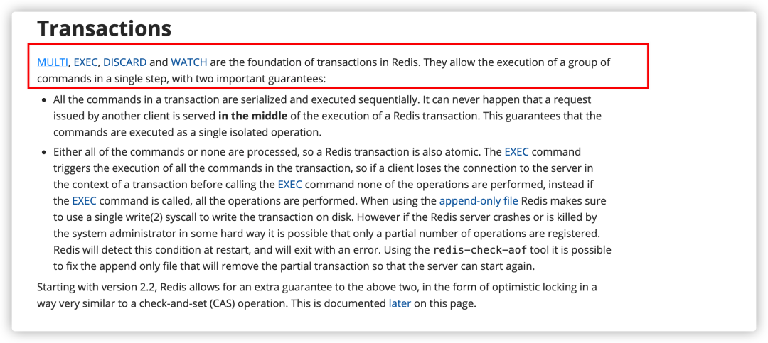 Redis 事务官方文档截图