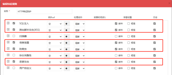 WAF特征规则,SQL注入、跨站脚本攻击XSS、信息泄露、防爬虫均配置阻断