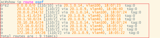 AC交换机show ip route ospf输出,9条OSPF路由条目