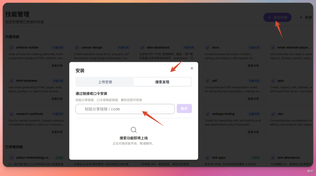 技能管理界面截图,展示安装流程