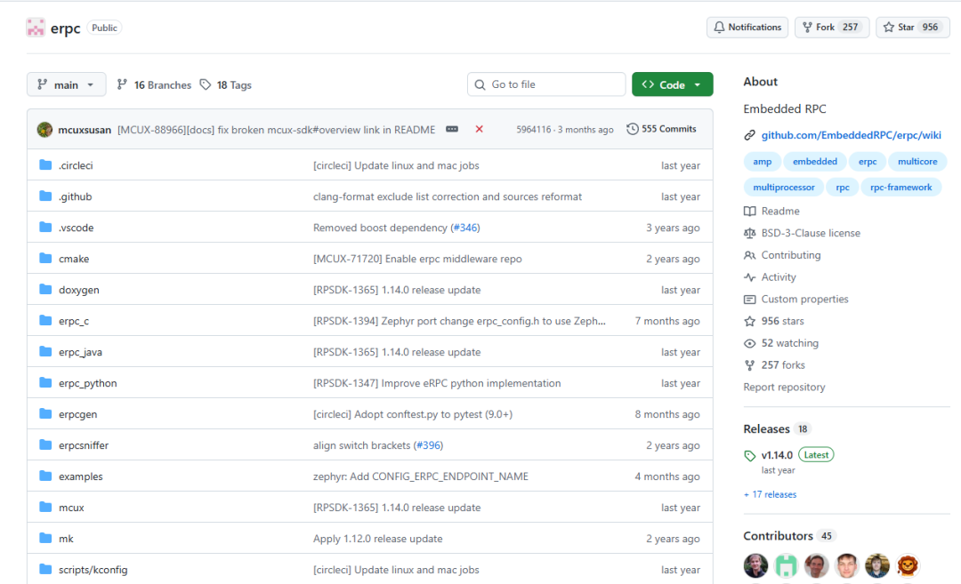eRPC GitHub仓库页面,包含star数、贡献者与版本发布信息